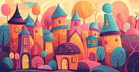 Wall Mural - illustration of candy house, dessert home village in colorful pastel tone color, idea for children book scenery, generative Ai