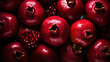 Fresh ripe pomegranades with water drops background. Fruits backdrop. Generative AI