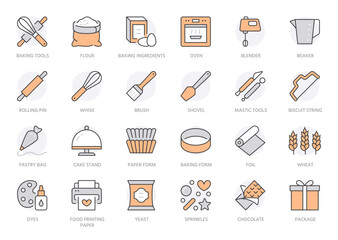 Bakery line icon set. Baking tool - confectionery bag, dough roll, cake decorating, pastry ingredient minimal vector illustration. Simple outline sign of cooking. Orange color. Editable Stroke