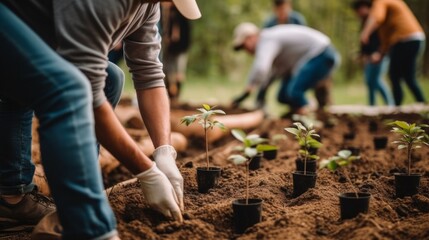 People planting trees or working in community garden. AI generative.