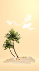 Wall Mural - View of sandy beach with shells and palm tree