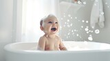 Fototapeta  - a baby happy bath time, a child laughing in bath tub, Generative Ai