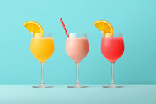 A row Slushie of cocktails with one peach AI generation