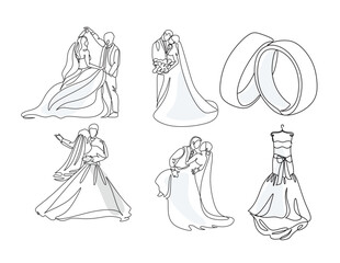 Wall Mural - Wedding line art illustrations set. Single one line drawing happy cute married man and woman. Bridal an groom. Modern graphic design concepts, simple outline elements collection. Vector line icons