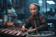 A wide view of an Asian fish market with an 84-year-old tattooed woman seller  , Ai Generative
