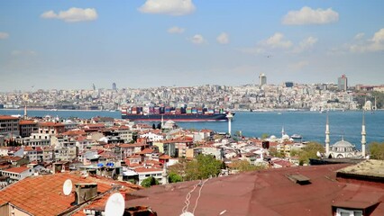 Wall Mural - Dry cargo vessel sails across the Bosphorus strait in Istanbul, Turkey