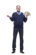 in full growth.Mature man showing cash bills .