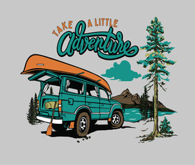 Wall Mural - mountain lake adventure vector illustration, boat on car, outdoor camping graphic print, mountain camping print for t shirt, sticker, poster