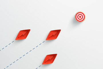 Wall Mural - Target concept with group of red paper ships on white background. target icon