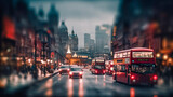 Fototapeta Londyn - Double decker bus in the streets of London on a rainy day. Generative AI