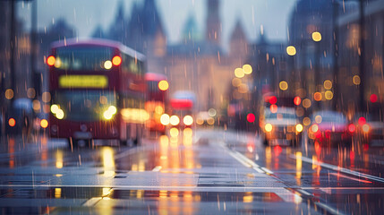 Wall Mural - Double decker bus in the streets of London on a rainy day. Generative AI