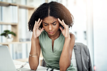 Canvas Print - Stress, anxiety or black woman in office with headache pain from job pressure or burnout fatigue in company. Bad migraine problem, business or tired girl employee depressed or frustrated by deadline