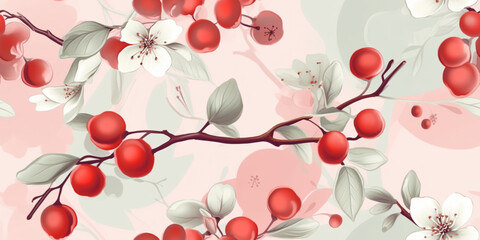 Wall Mural - Boho Style Delicate Floral Crabapple Cherry Bloosom Bloom. Watercolor Seamless Surface Pattern Tile on Light White Isolated Background: Perfect for Textiles, Wallpaper & Home Decor. Generative AI.