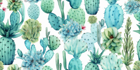 Wall Mural - Watercolour Seamless Surface Pattern Tile: Bright Teal & Pink & Purple Modern Delicate Cacti Cactuses  Pattern on White Isolated Background: Textiles, Wallpaper & Home Decor. Generative AI.