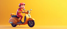 A Parcel Deliveryman Riding A Yellow Scooter. Generative AI Illustration. Copying Space. Panoramic Background.