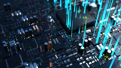 3d illustration of various chips on a printed circuit board with a vivid effect