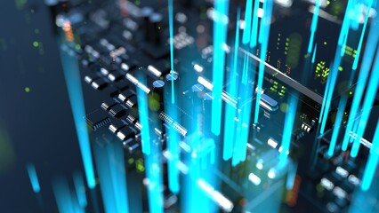 Wall Mural - 3d illustration of various chips on a printed circuit board with a vivid effect