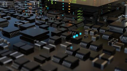 Wall Mural - 3d illustration of various chips on a printed circuit board with a vivid effect