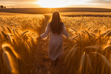 Woman with long hair in ripe wheat field planning harvest activity gold sunrise. AI generative