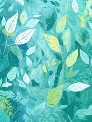 Wall Mural - Nature-inspired design showcases the beauty of trees, leaves, and plants in various shades of green and blue, celebrating the essence of spring and summer. Drawing of foliage. Generative AI.