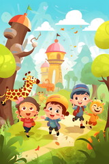 Sticker - Group of children playing in forest with giraffe and other animals. Generative AI.