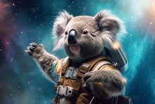 Koala-naut On A Mission! A Comical Portrait Of A Koala Dressed As An Astronaut, Floating In Space And Whimsically Exploring The Cosmos.