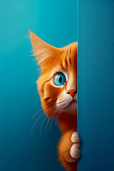 Wall Mural - Close up of cat peeking out of wall with blue background. Generative AI.