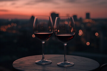 2 Glässer Rotwein spät abends bei Sonnenuntergang in der Stadt. Querformat. Generative Ai.