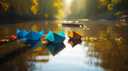 Sticker - Group of paper boats floating on top of lake next to forest. Generative AI.