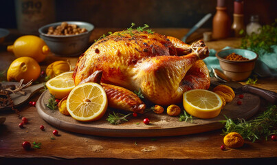 Poster - Roasted turkey on platter with lemons, nuts, and spices. Generative AI.