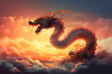 Chinese Mythical Dragon At Flight And Evening Cloudy Sky Background Generative Ai