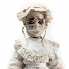 Wall Mural - Scary little porcelain doll. Doctor, nurse or surgeon's uniform. Created with Generative AI.
