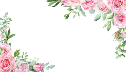 Watercolor flowers pink roses, Illustration hand painted. Floral frame PNG on transparent background. Perfectly for greeting card design.