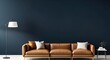 Empty wall, mockup. Interior of modern living room with dark blue walls, sofa, coffee table and armchairs. Generative AI.