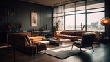 Fototapeta Miasto - Interior of modern living room with brown leather sofa and coffee table, big windows, in the background a panorama of the city. Generative AI