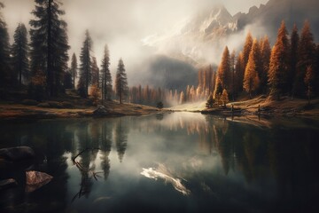 dolgell lake, dolomites, italy, in the style of light gray and dark brown, vintage aesthetics, dotte