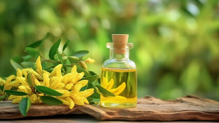 Aroma oil ylang ylang on a wooden background. Glass bottle with ylang ylang oil and ylang ylang flowers. Close-up, macro. Generative AI