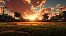 Baseball Field With Green Grass On A Sunset Backdrop. Generative AI 