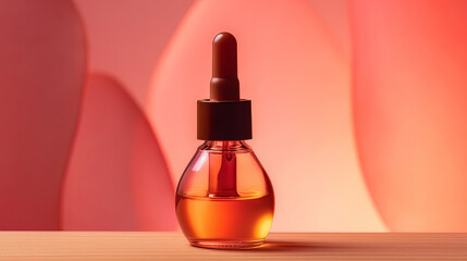 Banner of cosmetic amber glass dropper bottle on wooden podium with oil, serum or fruit peeling in the sunlight. Beauty product presentation, natural pink background. Front view. Mockup concept