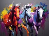 Fototapeta Kwiaty - three horses abstract watercolor background with watercolor splashes