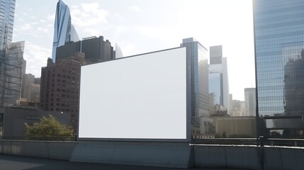 Blank white glass signboard in bustling NYC skyline for custom messages and advertising.