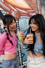 Young women drinking sweet drinks