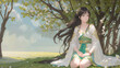 A Chinese girl dressed in traditional clothing sits on the grass, with the wind gently blowing, in an illustration created by generative AI.