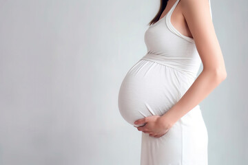 Wall Mural - A pregnant caucasian woman in a sundress strokes her belly. Place for text. Copy space. Waiting for the birth of a child. High quality photo