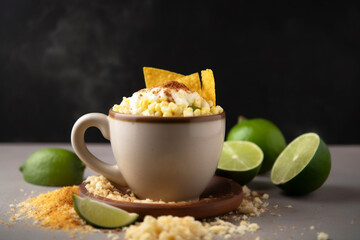 esquite corn mixed with creamy mayonesai, in a cup on a clay board on a dark background, generativ ai