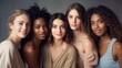 © Salsabila Ariadina - A diverse group of beautiful women with natural beauty and glowing smooth skin. Portrait of many attractive female fashion models with great skincare of all races, tones and style, Generative AI