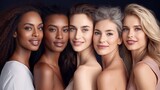 Fototapeta Most - A diverse group of beautiful women with natural beauty and glowing smooth skin. Portrait of many attractive female fashion models with great skincare of all races, tones and style, Generative AI