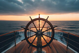 Fototapeta  - ship wheel on boat with sea and sky. freedom and adventure. direction concept. generative ai