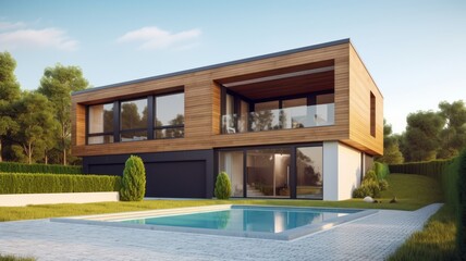 Wall Mural - Modern country house with a flat roof, a beautiful lawn and a swimming pool in front of the house Generative AI