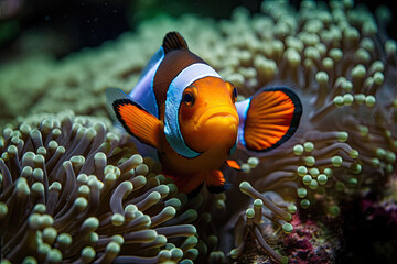 Wall Mural - Clownfish swims above the animons on the ocean floor. Generative AI.